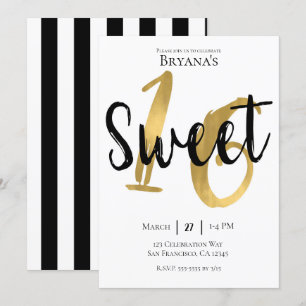 Invitation Noir Blanc Or Fête d'anniversaire Moderne Douce 16