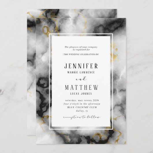 Invitation Noir Blanc Or Foil Agate Marbre Mariage (Devant / Derrière)