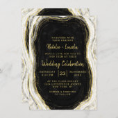 Invitation Noir Blanc & Or Géode Agate Marbre Mariage (Devant / Derrière)