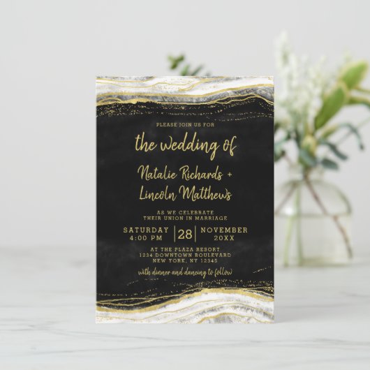 Invitation Noir Blanc & Or Géode Agate Marbre Mariage (Debout devant)