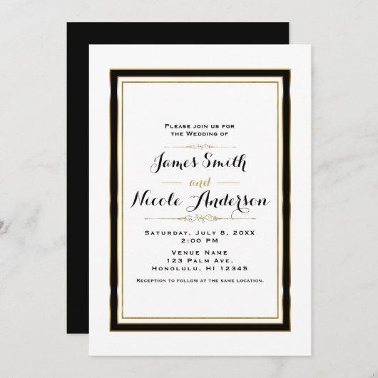 Invitation Noir Blanc & Or Minimal Chic Mariage élégant (Devant / Derrière)