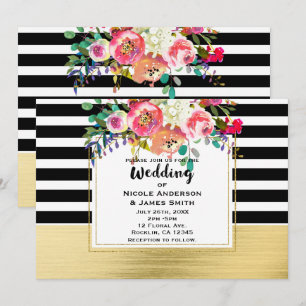Invitation Noir Blanc Or Moderne Floral Glam Mariage Chic