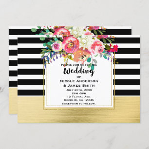 Invitation Noir Blanc Or Moderne Floral Glam Mariage Chic