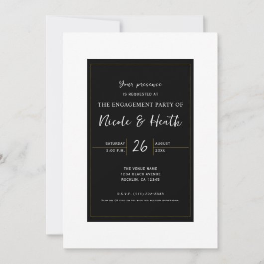 Invitation Noir Blanc Or moderne minimal Fiançailles élégant (Devant)