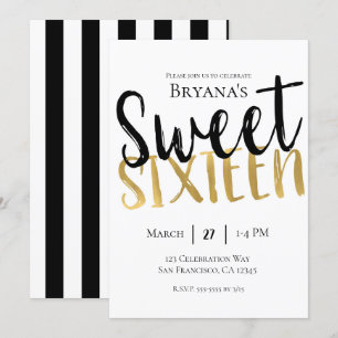 Invitation Noir Blanc Or Moderne Sweet 16 SEIZE Fête