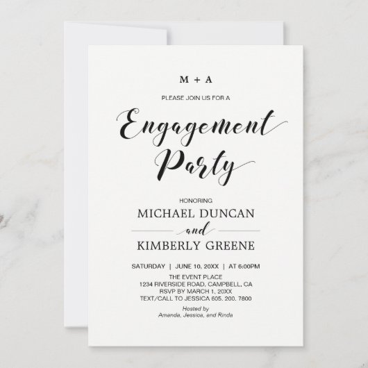 Invitation Noir & Blanc | Parti d'engagement moderne chic (Devant)