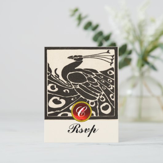 Invitation NOIR BLANC PEACOCK, ROUGE RUBY GEM MONOGRAM Rsvp (Debout devant)