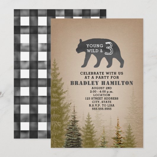 Invitation Noir + Blanc Plaid Young Wild & 3 Ours Anniversair (Devant / Derrière)