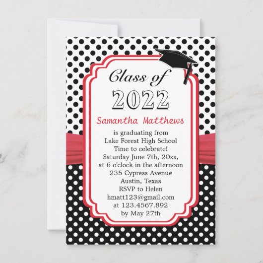 Invitation Noir Blanc Polka Dot Mortier Rouge Ruban Graduatio (Devant)