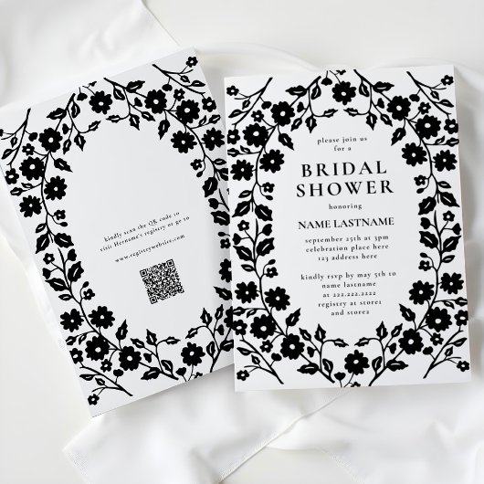 Invitation Noir blanc QR Code Folk Fête des mariées florale