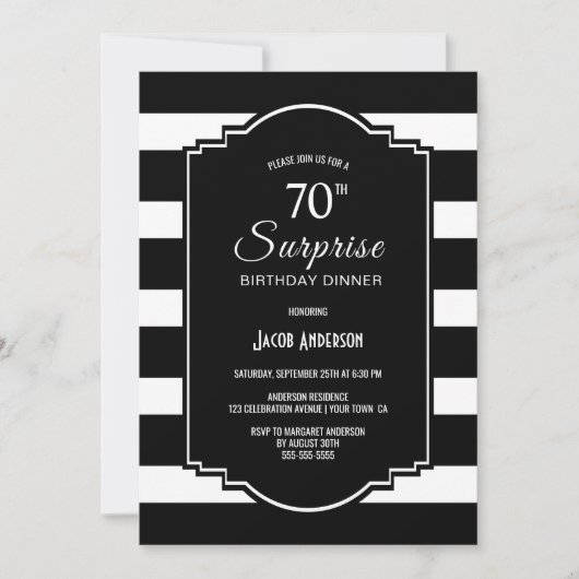 Invitation Noir Blanc rayé Surprise 70e anniversaire Dîner (Devant)