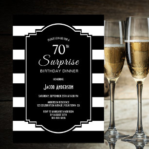 Invitation Noir Blanc rayé Surprise 70e anniversaire Dîner