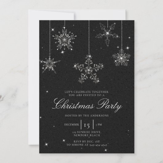 Invitation Noir Blanc Rhinestone Snowflake Parties scintillan (Devant)