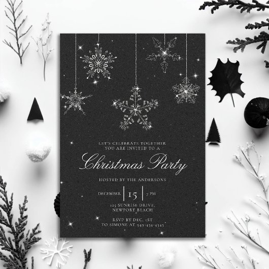 Invitation Noir Blanc Rhinestone Snowflake Parties scintillan