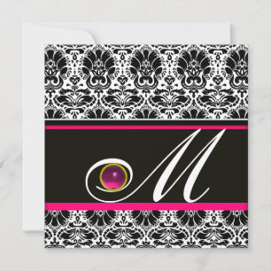 Invitation NOIR BLANC ROSE FUCHSIA DAMAS MONOGRAMME Améthyst