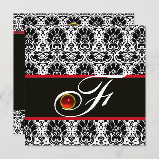 Invitation NOIR BLANC ROUGE ARGENT DAMASSÉ MONOGRAMME Ruby (Devant / Derrière)