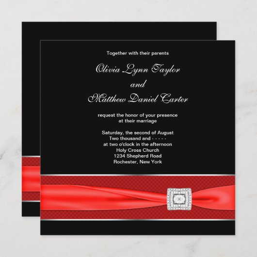 Invitation Noir Blanc Rouge Bow Noir Mariage (Devant / Derrière)
