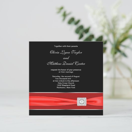 Invitation Noir Blanc Rouge Bow Noir Mariage (Debout devant)
