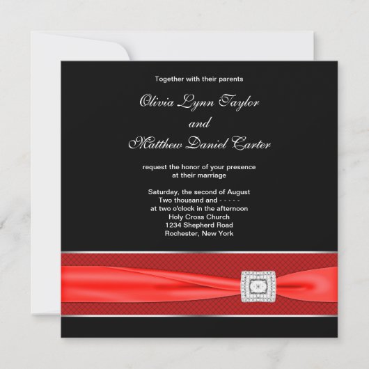 Invitation Noir Blanc Rouge Bow Noir Mariage (Devant)