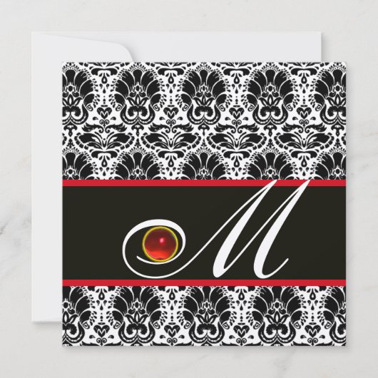 Invitation NOIR BLANC ROUGE CHAMPAGNE DAMAS MONOGRAMME Rubis (Devant)