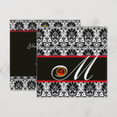 Invitation NOIR BLANC ROUGE CHAMPAGNE DAMAS MONOGRAMME Rubis (Devant / Derrière)