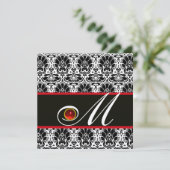 Invitation NOIR BLANC ROUGE CHAMPAGNE DAMAS MONOGRAMME Rubis (Debout devant)