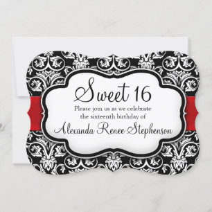 Invitation Noir/Blanc/Rouge Damas en forme Sweet 16 Filles Fê