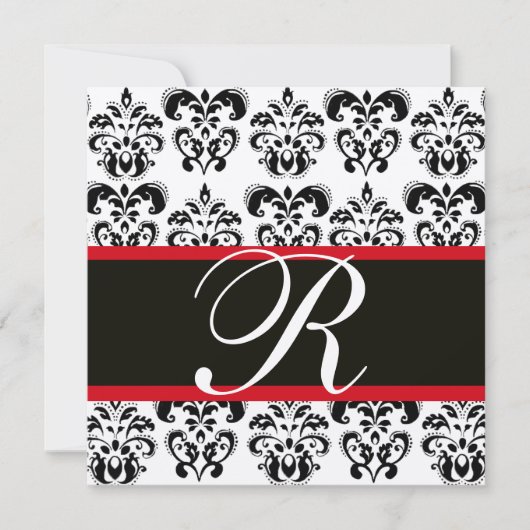 INVITATION NOIR & BLANC ROUGE DAMASSÉ MONOGRAMME (Devant)