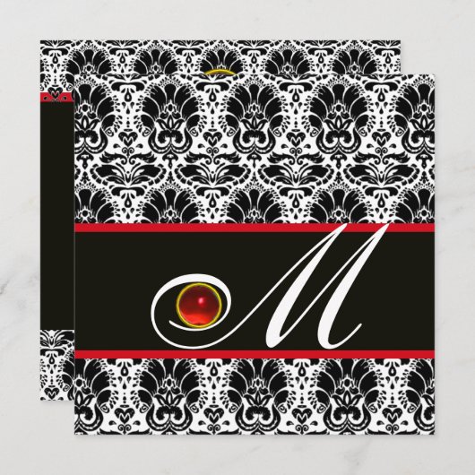 Invitation NOIR BLANC ROUGE DAMASSÉ MONOGRAMME Rubis (Devant / Derrière)