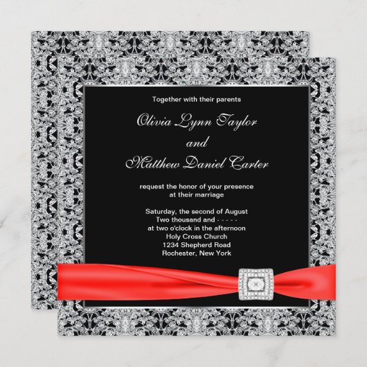 Invitation Noir blanc rouge noir Mariage (Devant / Derrière)