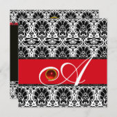 Invitation NOIR BLANC ROUGE OR DAMASSÉ MONOGRAMME Rubis (Devant / Derrière)