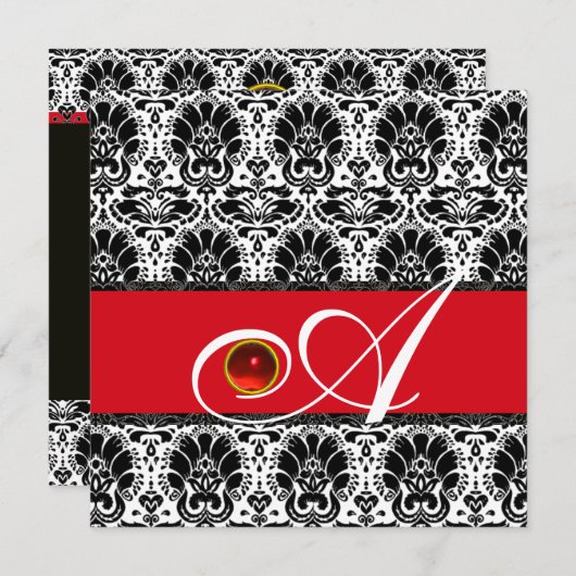 Invitation NOIR BLANC ROUGE OR DAMASSÉ MONOGRAMME Rubis (Devant / Derrière)