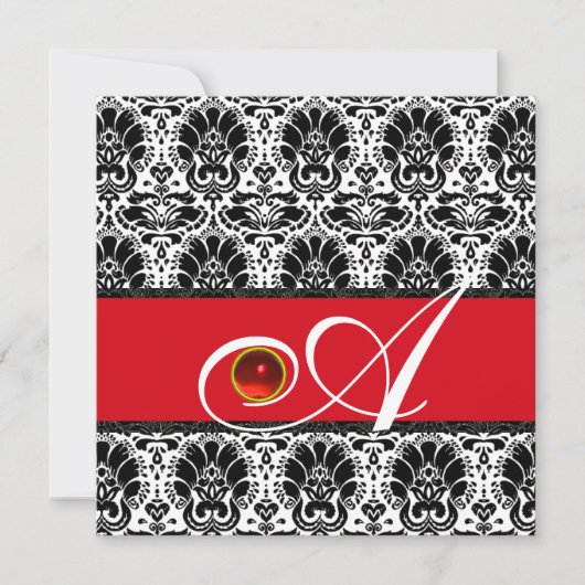 Invitation NOIR BLANC ROUGE OR MONOGRAMME DAMASSÉ Rubis (Devant)