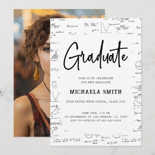 Invitation Noir Blanc Script Diplômé Math Photo Remise des di (Devant / Derrière)