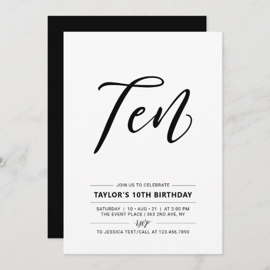 Invitation Noir & Blanc Simple 10e Ado Anniversaire Fête Invi (Devant / Derrière)