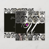 INVITATION NOIR BLANC SOIE DAMAS MONOGRAMME AMETHYSTE VIOLET (Devant / Derrière)