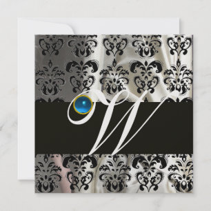 INVITATION NOIR BLANC SOIE DAMASSÉE MONOGRAMME BLEU SAPPHIR