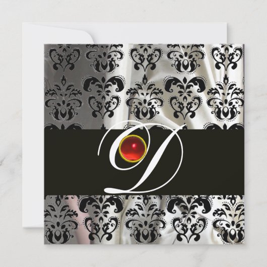 INVITATION NOIR BLANC SOIE DAMASSÉE MONOGRAMME ROUGE RUBIS (Devant)