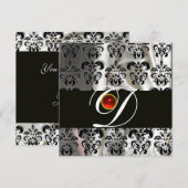 INVITATION NOIR BLANC SOIE DAMASSÉE MONOGRAMME ROUGE RUBIS (Devant / Derrière)