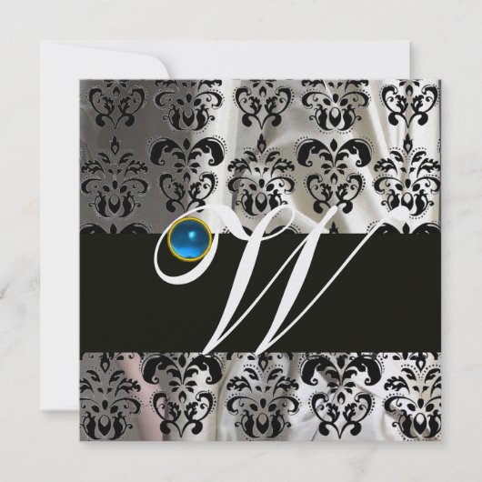 INVITATION NOIR BLANC SOIE DAMASSÉE MONOGRAMME SAPPHIRE BLEU (Devant)