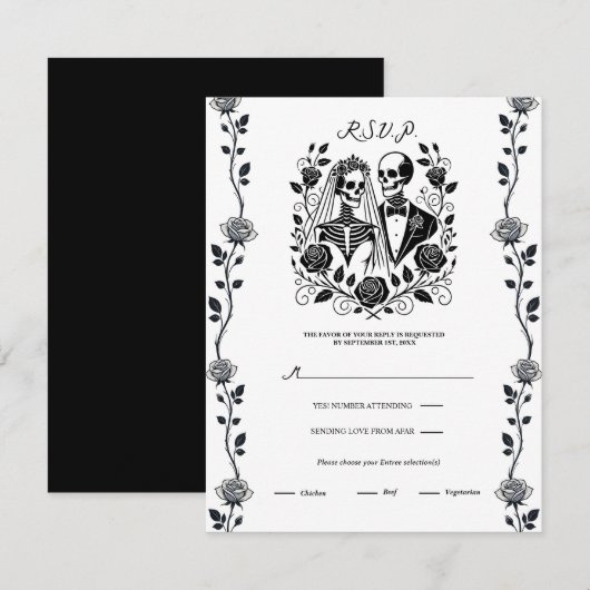 Invitation Noir Blanc Squelette Floral Rose Vin Mariage RSVP (Devant / Derrière)