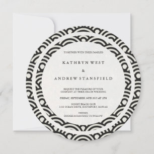Invitation Noir + Blanc Stylisé Vagues Élégantes Mariage plag