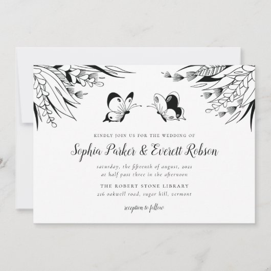 Invitation Noir Blanc Stylo Encre Papillon Floral Mariage (Devant)