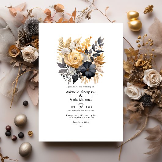 Invitation Noir, Blanc, Taupe Or et Mariage d'or Shimmery