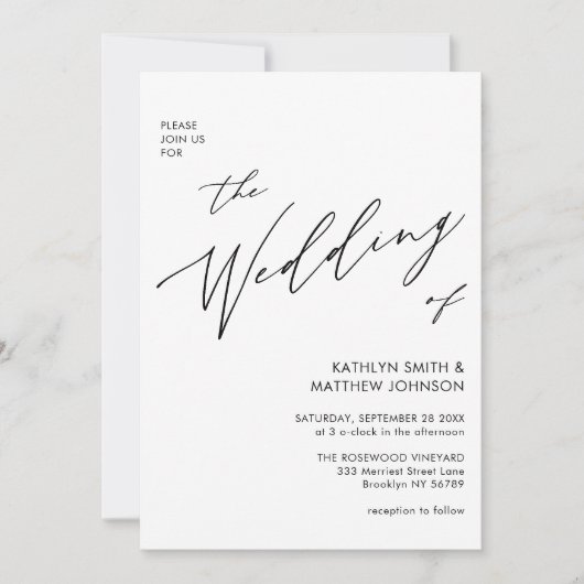 Invitation Noir & Blanc Tout en un Mariage de script moderne (Devant)