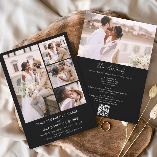 Invitation Noir blanc tout en un QR Code Mariage photo
