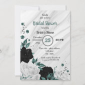 Invitation Noir blanc & turquoise bleu fleuri douche nuptiale (Devant)