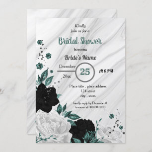 Invitation Noir blanc & turquoise bleu fleuri douche nuptiale