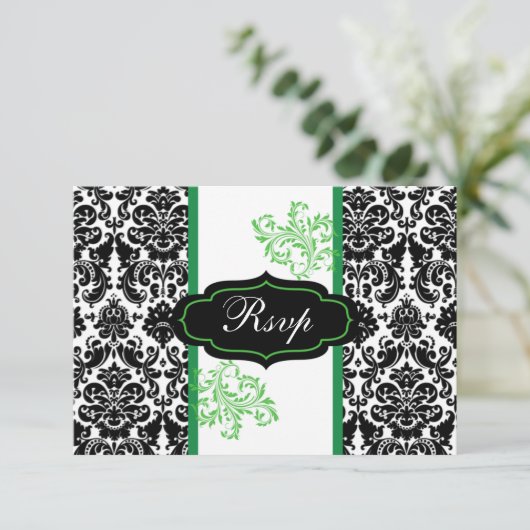 Invitation Noir, Blanc, Vert Damas Scroll Mariage RSVP (Debout devant)