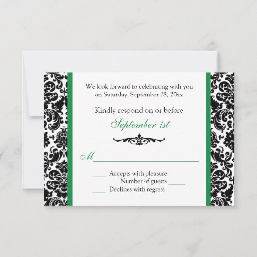 Invitation Noir, Blanc, Vert Damas Scroll Mariage RSVP (Dos)